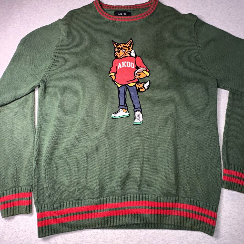 AKOO Men's XL Green Knit Crewneck Pullover Sweater Cotton Fox Logo Graphic